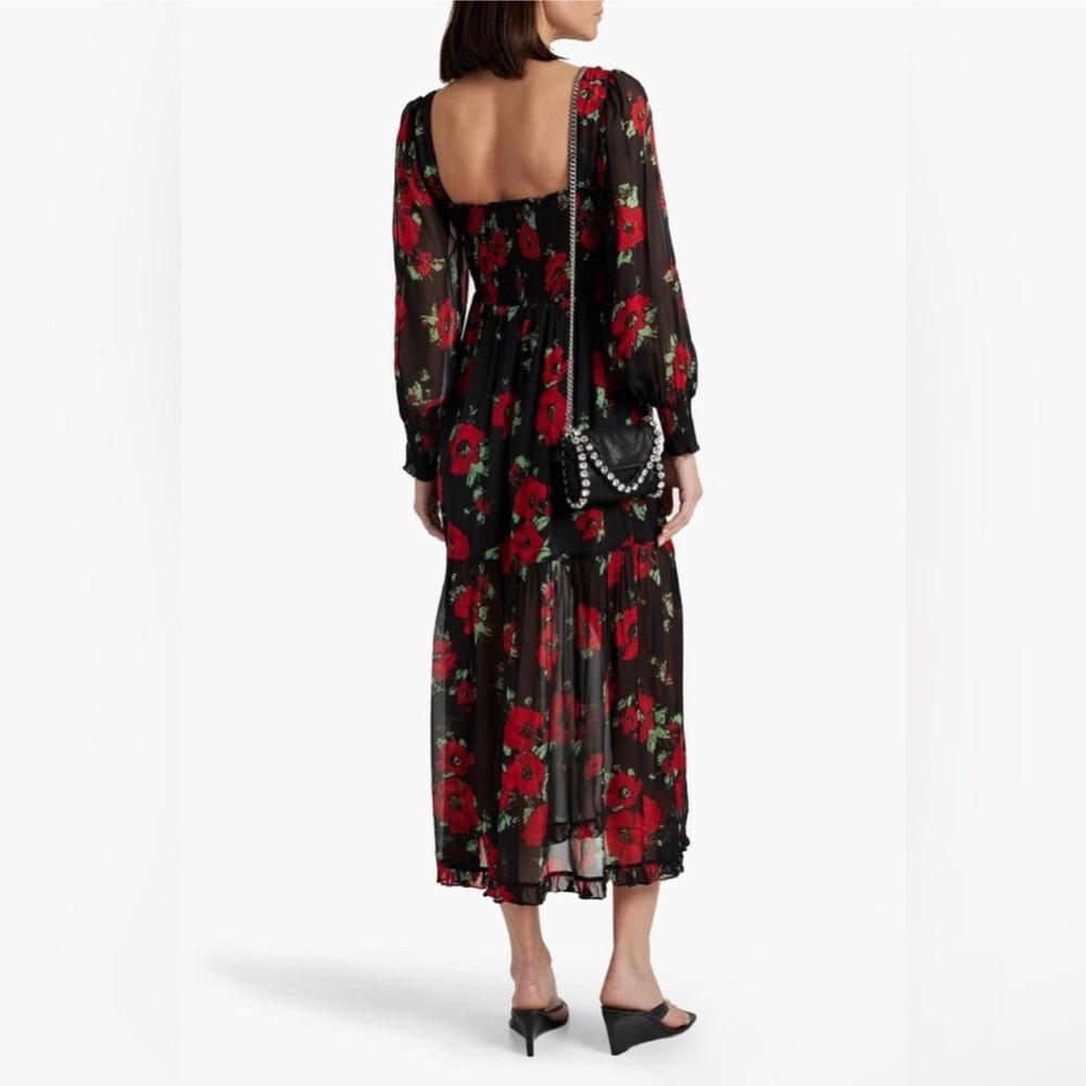 Rixo black red floral Yas long sleeve midi square neck dress size L or 10 - Picture 3 of 8